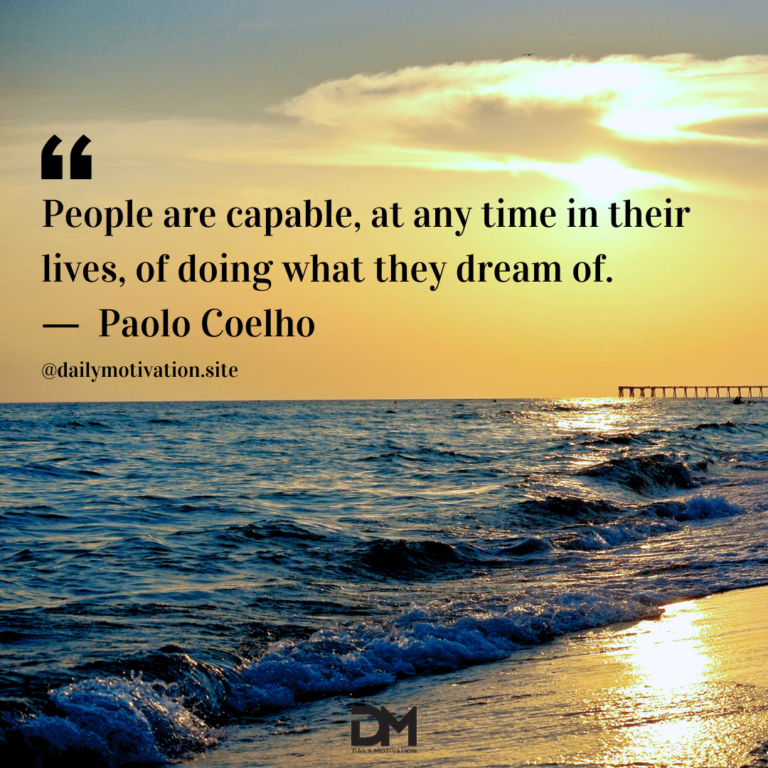 A bright yellow sun sets over the darkening ocean below. Text reads: People are capable, at any time in their lives, of doing what they dream of. - Paolo Coelho